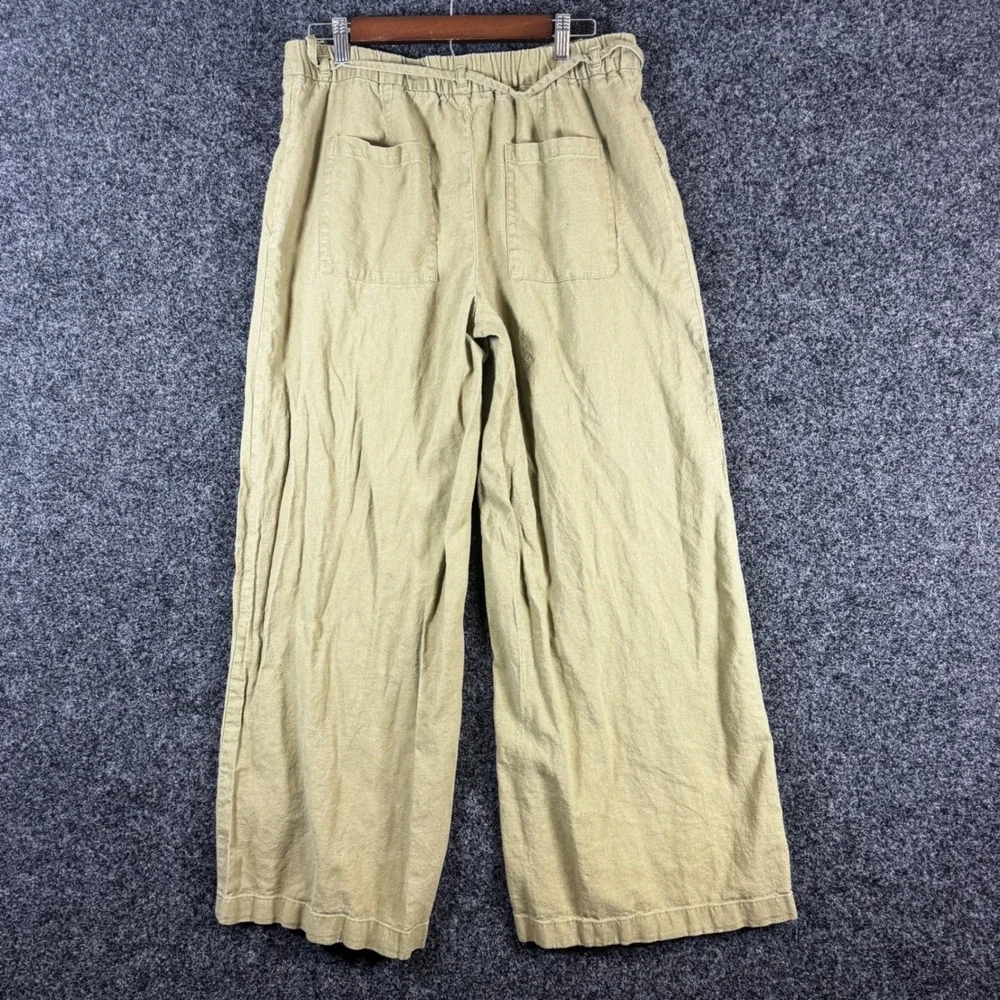 Zara Womens Wide Leg Linen Blend Pants Olive Green Drawstring Size Large